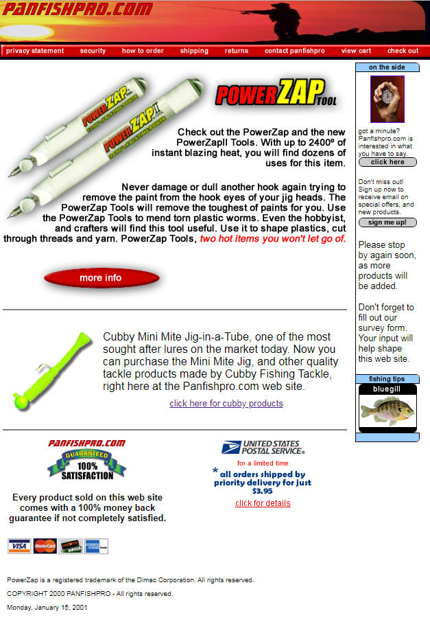 This is a screen capture of the Panfishpro website from January of 2001.