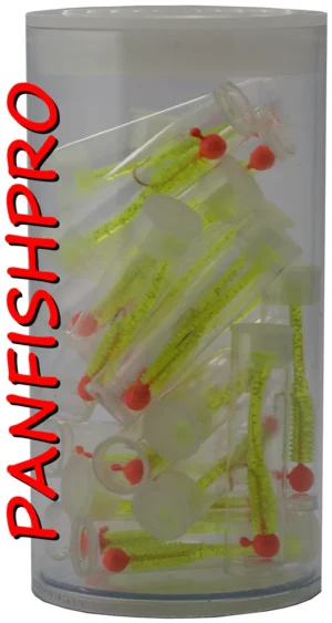 Presenting a truly unique find: a collection of 20 Panfishpro NEXTALGX Jigs. Each jig is carefully stored in its own clear plastic tube, complete with a cap. For added protection and organization, all 20 individually tubed jigs are housed together in a larger plastic tube with a cap. The color shown is Orange / Chartreuse glitter. Panfishpro and NEXTALGX are federally registered trademarks, indicating their protected legal status.