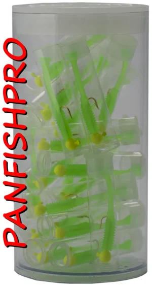 Presenting a truly unique find: a collection of 20 Panfishpro NEXTALGX Jigs. Each jig is carefully stored in its own clear plastic tube, complete with a cap. For added protection and organization, all 20 individually tubed jigs are housed together in a larger plastic tube with a cap. The color shown is Yellow / Green. Panfishpro and NEXTALGX are federally registered trademarks, indicating their protected legal status.