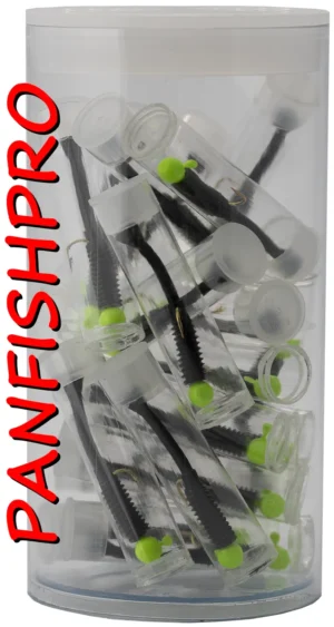 Presenting a truly unique find: a collection of 20 Panfishpro NEXTALGX Jigs. Each jig is carefully stored in its own clear plastic tube, complete with a cap. For added protection and organization, all 20 individually tubed jigs are housed together in a larger plastic tube with a cap. The color shown is Green / Black. Panfishpro and NEXTALGX are federally registered trademarks, indicating their protected legal status.