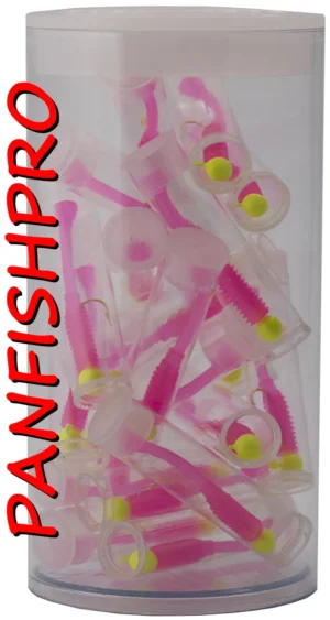 Presenting a truly unique find: a collection of 20 Panfishpro NEXTALGX Jigs. Each jig is carefully stored in its own clear plastic tube, complete with a cap. For added protection and organization, all 20 individually tubed jigs are housed together in a larger plastic tube with a cap. The color shown is Yellow / Pink. Panfishpro and NEXTALGX are federally registered trademarks, indicating their protected legal status.