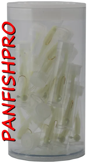 Presenting a truly unique find: a collection of 20 Panfishpro NEXTALGX Jigs. Each jig is carefully stored in its own clear plastic tube, complete with a cap. For added protection and organization, all 20 individually tubed jigs are housed together in a larger plastic tube with a cap. The color shown is Glow In The Dark. Panfishpro and NEXTALGX are federally registered trademarks, indicating their protected legal status.