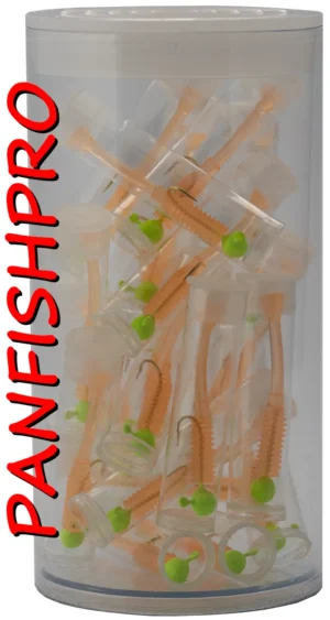 Presenting a truly unique find: a collection of 20 Panfishpro NEXTALGX Jigs. Each jig is carefully stored in its own clear plastic tube, complete with a cap. For added protection and organization, all 20 individually tubed jigs are housed together in a larger plastic tube with a cap. The color shown is Green / Orange. Panfishpro and NEXTALGX are federally registered trademarks, indicating their protected legal status.