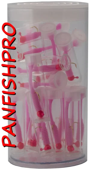 Presenting a truly unique find: a collection of 20 Panfishpro NEXTALGX Jigs. Each jig is carefully stored in its own clear plastic tube, complete with a cap. For added protection and organization, all 20 individually tubed jigs are housed together in a larger plastic tube with a cap. The color shown is Pink / Bubble Gum. Panfishpro and NEXTALGX are federally registered trademarks, indicating their protected legal status.