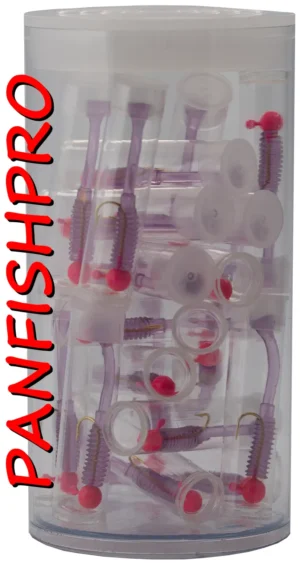 Presenting a truly unique find: a collection of 20 Panfishpro NEXTALGX Jigs. Each jig is carefully stored in its own clear plastic tube, complete with a cap. For added protection and organization, all 20 individually tubed jigs are housed together in a larger plastic tube with a cap. The color shown is Pink / Grape. Panfishpro and NEXTALGX are federally registered trademarks, indicating their protected legal status.