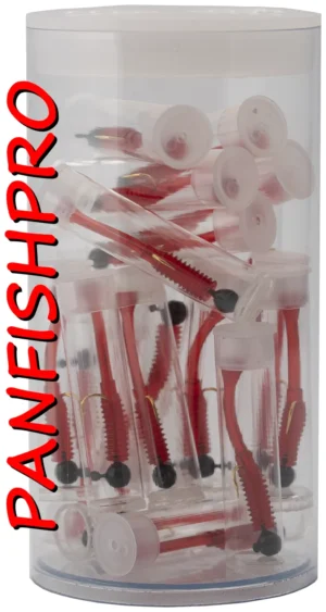 Presenting a truly unique find: a collection of 20 Panfishpro NEXTALGX Jigs. Each jig is carefully stored in its own clear plastic tube, complete with a cap. For added protection and organization, all 20 individually tubed jigs are housed together in a larger plastic tube with a cap. The color shown is Black / Cherry Juice. Panfishpro and NEXTALGX are federally registered trademarks, indicating their protected legal status.