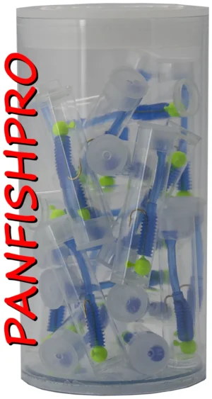 Presenting a truly unique find: a collection of 20 Panfishpro NEXTALGX Jigs. Each jig is carefully stored in its own clear plastic tube, complete with a cap. For added protection and organization, all 20 individually tubed jigs are housed together in a larger plastic tube with a cap. The color shown is Green / Blue. Panfishpro and NEXTALGX are federally registered trademarks, indicating their protected legal status.