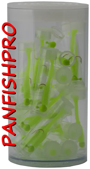 Presenting a truly unique find: a collection of 20 Panfishpro NEXTALGX Jigs. Each jig is carefully stored in its own clear plastic tube, complete with a cap. For added protection and organization, all 20 individually tubed jigs are housed together in a larger plastic tube with a cap. The color shown is Green / Silk. Panfishpro and NEXTALGX are federally registered trademarks, indicating their protected legal status.