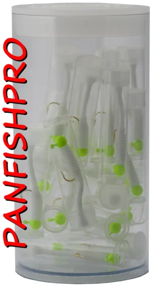 Presenting a truly unique find: a collection of 20 Panfishpro NEXTALGX Jigs. Each jig is carefully stored in its own clear plastic tube, complete with a cap. For added protection and organization, all 20 individually tubed jigs are housed together in a larger plastic tube with a cap. The color shown is Green / White. Panfishpro and NEXTALGX are federally registered trademarks, indicating their protected legal status.