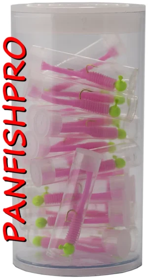 Presenting a truly unique find: a collection of 20 Panfishpro NEXTALGX Jigs. Each jig is carefully stored in its own clear plastic tube, complete with a cap. For added protection and organization, all 20 individually tubed jigs are housed together in a larger plastic tube with a cap. The color shown is Green / Bubble Gum. Panfishpro and NEXTALGX are federally registered trademarks, indicating their protected legal status.
