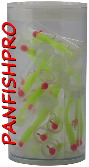Presenting a truly unique find: a collection of 20 Panfishpro NEXTALGX Jigs. Each jig is carefully stored in its own clear plastic tube, complete with a cap. For added protection and organization, all 20 individually tubed jigs are housed together in a larger plastic tube with a cap. The color shown is Pink / Silk. Panfishpro and NEXTALGX are federally registered trademarks, indicating their protected legal status.