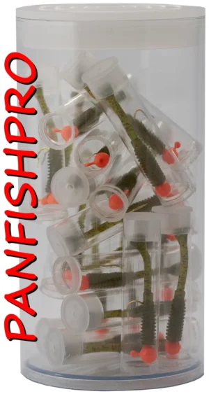 Presenting a truly unique find: a collection of 20 Panfishpro NEXTALGX Jigs. Each jig is carefully stored in its own clear plastic tube, complete with a cap. For added protection and organization, all 20 individually tubed jigs are housed together in a larger plastic tube with a cap. The color shown is Orange / Melon Red glitter. Panfishpro and NEXTALGX are federally registered trademarks, indicating their protected legal status.