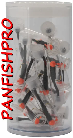 Presenting a truly unique find: a collection of 20 Panfishpro NEXTALGX Jigs. Each jig is carefully stored in its own clear plastic tube, complete with a cap. For added protection and organization, all 20 individually tubed jigs are housed together in a larger plastic tube with a cap. The color shown is Orange / Black. Panfishpro and NEXTALGX are federally registered trademarks, indicating their protected legal status.