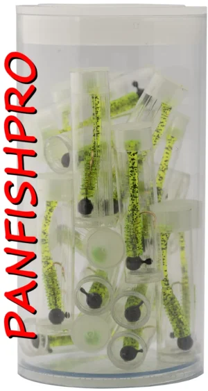 Presenting a truly unique find: a collection of 20 Panfishpro NEXTALGX Jigs. Each jig is carefully stored in its own clear plastic tube, complete with a cap. For added protection and organization, all 20 individually tubed jigs are housed together in a larger plastic tube with a cap. The color shown is Black / Chartreuse Black flake. Panfishpro and NEXTALGX are federally registered trademarks, indicating their protected legal status.