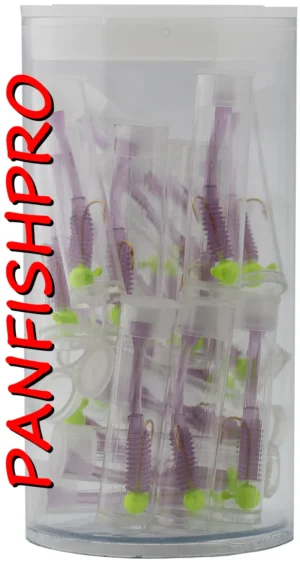 Presenting a truly unique find: a collection of 20 Panfishpro NEXTALGX Jigs. Each jig is carefully stored in its own clear plastic tube, complete with a cap. For added protection and organization, all 20 individually tubed jigs are housed together in a larger plastic tube with a cap. The color shown is Green / Grape. Panfishpro and NEXTALGX are federally registered trademarks, indicating their protected legal status.