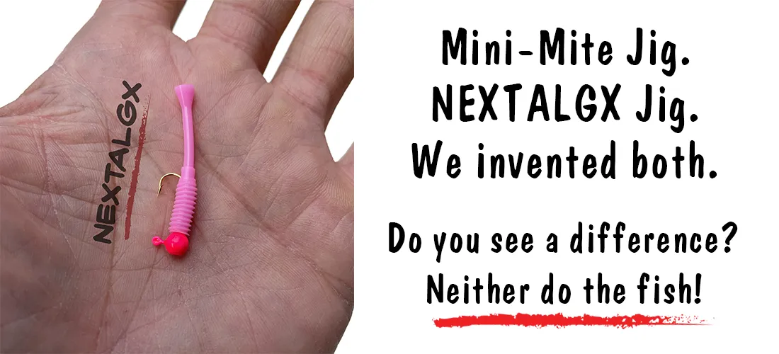 This is a picture of a Panfishpro NEXTALGX Jig resting in the palm of an adult male’s hand.
