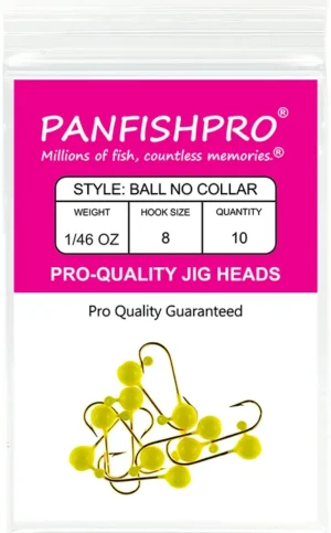 This is a graphical image showing a package of the Panfishpro Pro-Quality jig heads in the size of 1/46 #8. The color is Yellow Chartreuse. The quantity is 10.