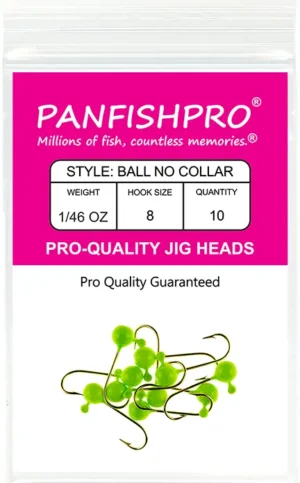 This is a graphical image showing a package of the Panfishpro Pro-Quality jig heads in the size of 1/46 #8. The color is Green Chartreuse. The quantity is 10.