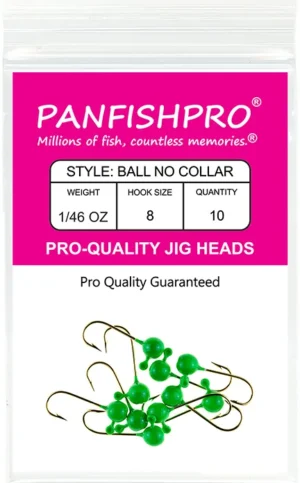 This is a graphical image showing a package of the Panfishpro Pro-Quality jig heads in the size of 1/46 #8. The color is Green. The quantity is 10.