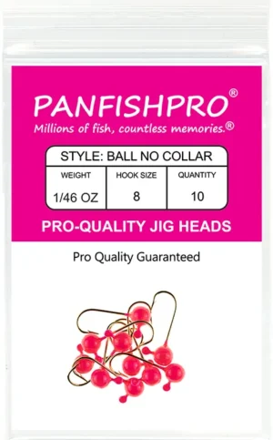 This is a graphical image showing a package of the Panfishpro Pro-Quality jig heads in the size of 1/46 #8. The color is Hot Pink. The quantity is 10.