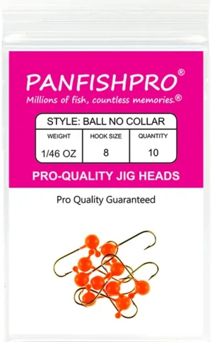 This is a graphical image showing a package of the Panfishpro Pro-Quality jig heads in the size of 1/46 #8. The color is Orange. The quantity is 10.