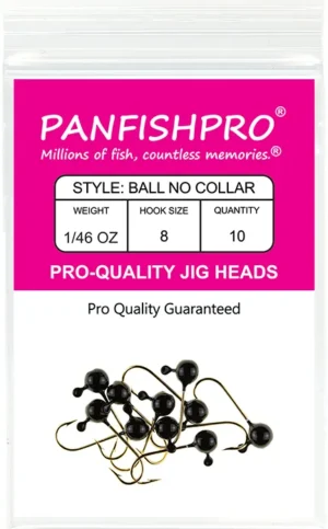 This is a graphical image showing a package of the Panfishpro Pro-Quality jig heads in the size of 1/46 #8. The color is Black. The quantity is 10.