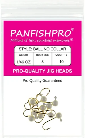 This is a graphical image showing a package of the Panfishpro Pro-Quality jig heads in the size of 1/46 #8. The color is glow in the dark. The quantity is 10.