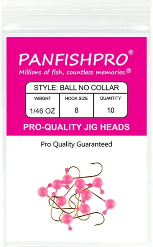 This is a graphical image showing a package of the Panfishpro Pro-Quality jig heads in the size of 1/46 #8. The color is Bubble-Gum. The quantity is 10.