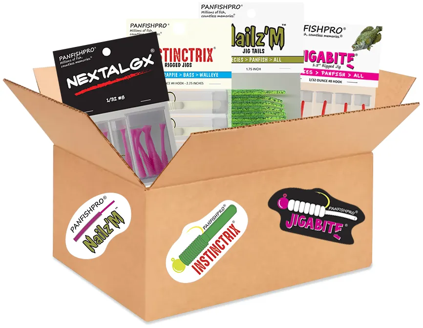 This is a graphical image of a shipping container filled with Panfishpro fishing tackle product.