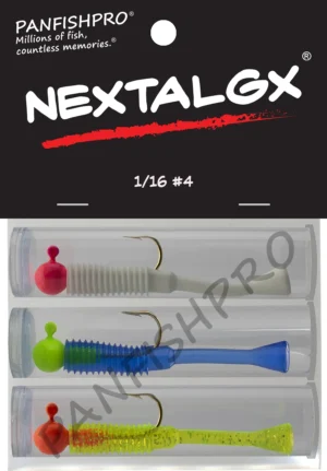 This is an image of the Panfishpro NEXTALGX Jig, shown in a package of 3, the size of 1/16 #4, and in assorted colors.