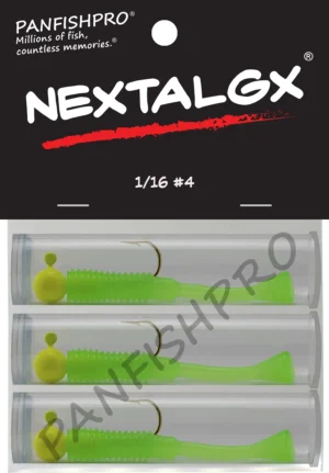This is an image of the Panfishpro NEXTALGX Jig, shown in a package of 3, the size of 1/16 #4, and in the color Yellow/Green.