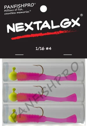 This is an image of the Panfishpro NEXTALGX Jig, shown in a package of 3, the size of 1/16 #4, and in the color Yellow/Pink.