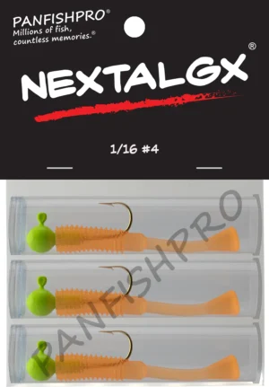 This is an image of the Panfishpro NEXTALGX Jig, shown in a package of 3, the size of 1/16 #4, and in the color Green/Orange.