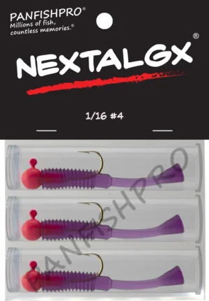 This is an image of the Panfishpro NEXTALGX Jig, shown in a package of 3, the size of 1/16 #4, and in the color Pink/Grape.