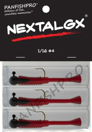 This is an image of the Panfishpro NEXTALGX Jig, shown in a package of 3, the size of 1/16 #4, and in the color Black/Cherry Juice.