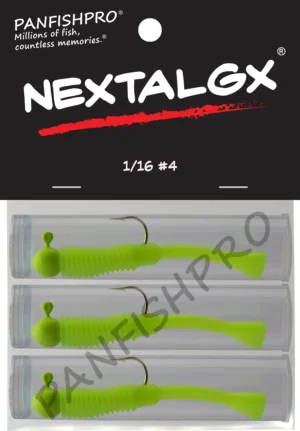 This is an image of the Panfishpro NEXTALGX Jig, shown in a package of 3, the size of 1/16 #4, and in the color Green/Silk.
