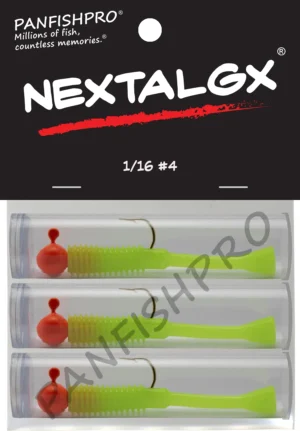 This is an image of the Panfishpro NEXTALGX Jig, shown in a package of 3, the size of 1/16 #4, and in the color Orange/Silk.