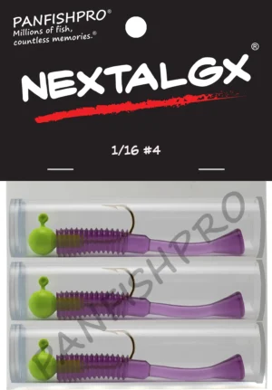 This is an image of the Panfishpro NEXTALGX Jig, shown in a package of 3, the size of 1/16 #4, and in the color Green/Grape.