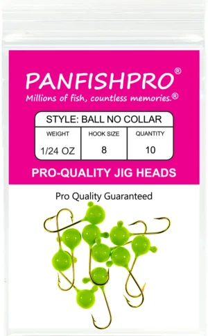 This is a graphical image showing a package of the Panfishpro Pro-Quality jig heads in the size of 1/24 #8 with a gold hook. The color is Green Chartreuse, the quantity shown is 10.