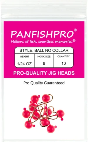 This is a graphical image showing a package of the Panfishpro Pro-Quality jig heads in the size of 1/24 #8 with a gold hook. The color is Hot Pink, the quantity shown is 10.