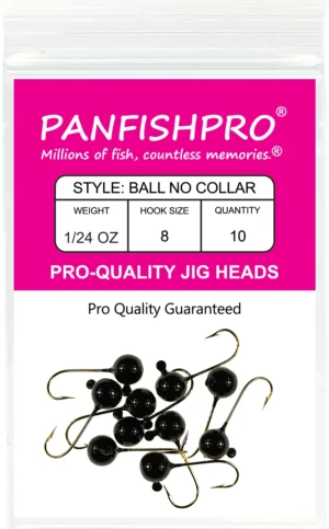 This is a graphical image showing a package of the Panfishpro Pro-Quality jig heads in the size of 1/24 #8 with a gold hook. The color is Black, the quantity shown is 10.