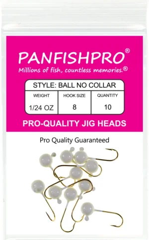 This is a graphical image showing a package of the Panfishpro Pro-Quality jig heads in the size of 1/24 #8 with a gold hook. The color is Glow in The Dark, the quantity shown is 10.