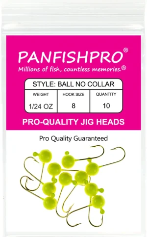This is a graphical image showing a package of the Panfishpro Pro-Quality jig heads in the size of 1/24 #8 with a gold hook. The color is Yellow Chartreuse, the quantity shown is 10.