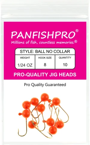 This is a graphical image showing a package of the Panfishpro Pro-Quality jig heads in the size of 1/24 #8 with a gold hook. The color is Orange, the quantity shown is 10.