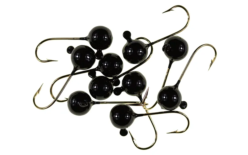 This is an image of the NEW Panfishpro 1/24 th ounce jig heads shown in a quantity of ten and in the color black on a number eight hook.
