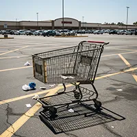 This is a stark, sun-drenched photograph of an abandoned shopping cart in a large parking lot. In the foreground: A lone, metal shopping cart with a red handle sits askew on the cracked asphalt, positioned over bright yellow parking lines. The cart is empty except for a few pieces of crumpled paper or receipts. It casts a sharp, dark shadow, indicating bright, direct sunlight. Scattered around the base of the cart is more litter, including white papers and a crumpled blue plastic item. In the background: The expansive parking lot is filled with numerous cars, mostly sedans and SUVs in neutral colors like white, silver, and black. Beyond the cars stands a large, tan or beige commercial building, likely a supermarket or big-box store. The sky above is a pale, hazy blue, suggesting a hot, clear day. The overall mood of the image is one of mundane solitude and slight neglect, capturing a common but often overlooked scene of suburban life.