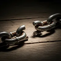 The image shows a close-up, low-angle shot of a heavy metal chain lying on a rustic, dark wooden surface. The chain is broken, with a single link missing, creating a prominent gap in the middle. The remaining links are thick, robust, and appear to be made of aged steel, with noticeable rust and a worn texture. The lighting is dim and dramatic, with a strong light source coming from the top left, creating deep shadows that emphasize the gap and the rough texture of both the chain and the wood.