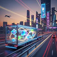 This is a vibrant and dynamic image depicting a futuristic high-tech semi-truck driving on an elevated highway. This image links to an article describing our website moving to a different web server.