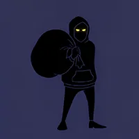 This is a graphic illustration of a silhouetted figure against a solid dark purple-blue background. The figure is depicted entirely in black and is wearing a hooded sweatshirt with the hood pulled up, obscuring any facial features except for a pair of glowing yellow eyes. They are carrying a large, full sack slung over their shoulder. The overall impression is that of a classic, iconic representation of a thief or burglar.