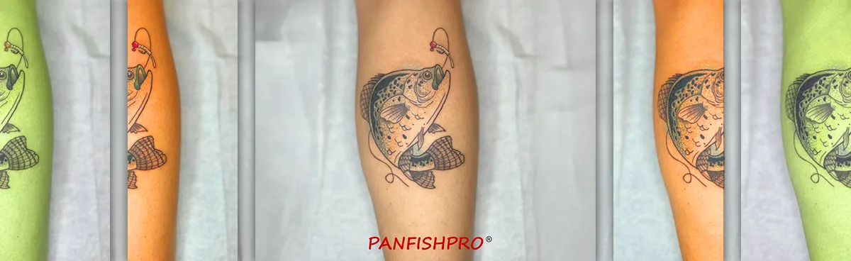 This is a composite image showcasing a tattoo on a person's lower leg. The central panel displays a detailed tattoo of a crappie, which appears to be caught on a fishing line with a small jig lure in its mouth. The jig is a Panfishpro Jigabite Jig. The tattoo is rendered in a black and grey illustrative style, with fine lines and dot work for shading. This central image is flanked by identical, but color-filtered, versions. The panels immediately next to the center have an orange tint, while the outermost partial panels on the left and right have a bright, lime-green tint. At the bottom center of the image, the text "PANFISHPRO®" is displayed in red lettering.